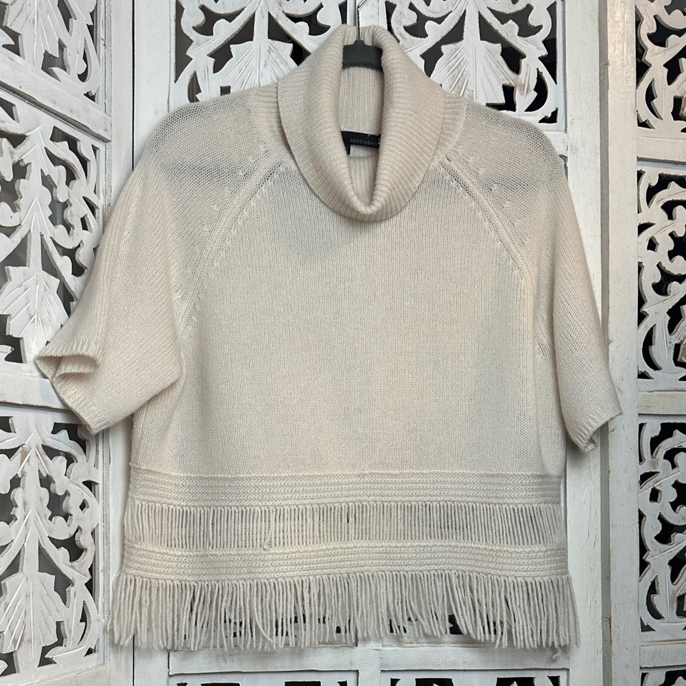 360 Cashmere Cream Fringe Turtleneck Short-Sleeve Sweater